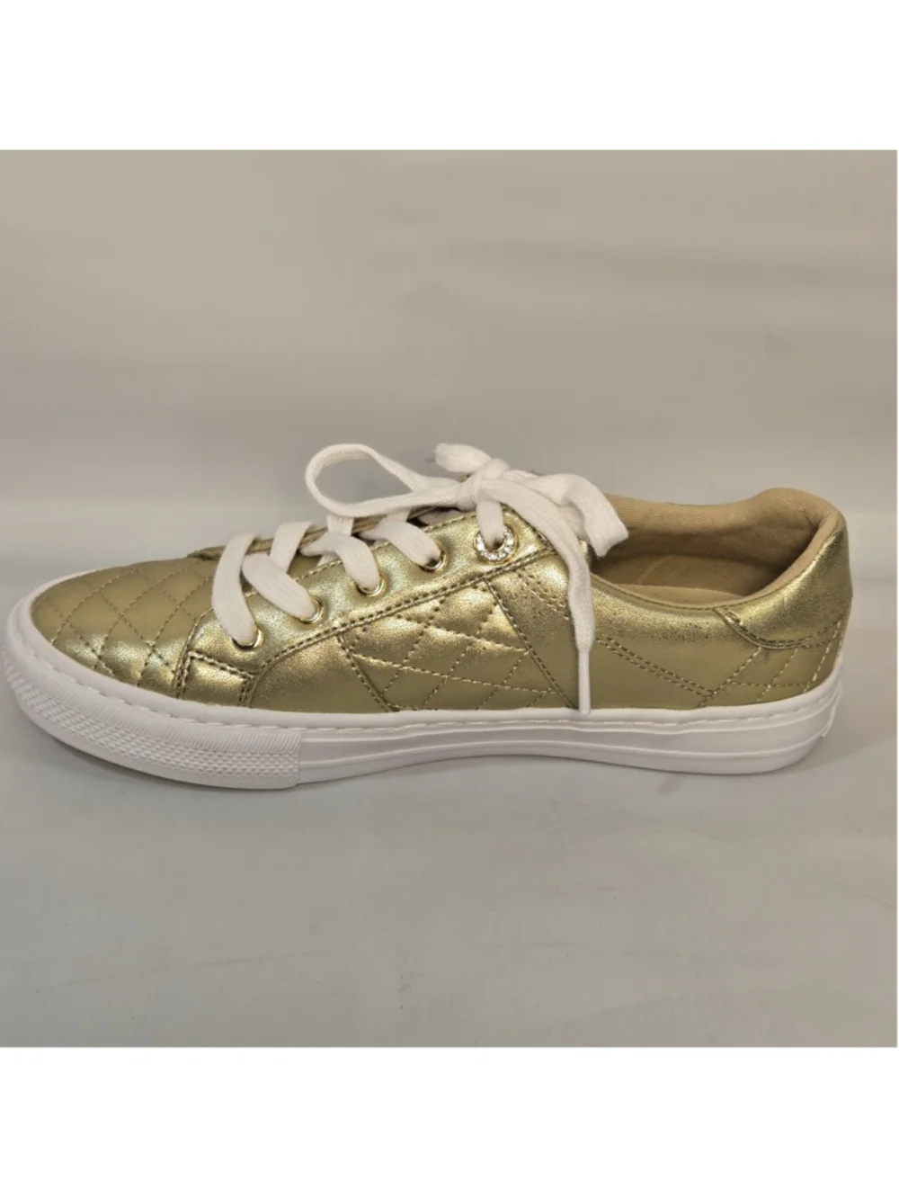 Guess Loven Shoes Metallic Gold Womens 7.5 Logo Lace Up Casual Fashion Sneakers